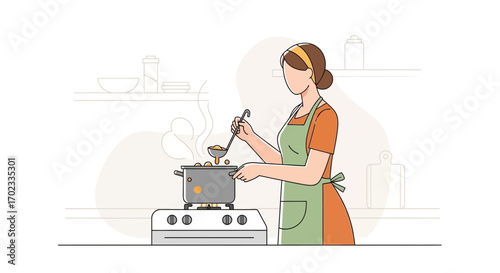 Woman Preparing Delicious Meal in Kitchen, Cooking Pot with Food is on Stove