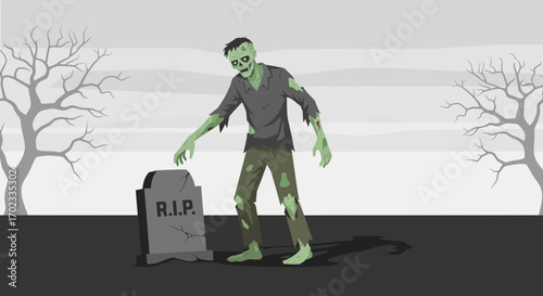 Undead Creature Emerging From Tombstone In Spooky Cemetery Illustration