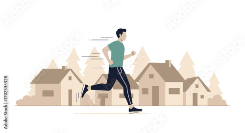 Urban Runner: Vector Illustration Of A Man Jogging Through A Town In The Morning