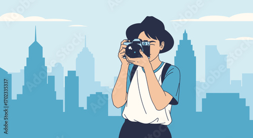 Urban Photographer Capturing Cityscape Views With Architectural Silhouette Background