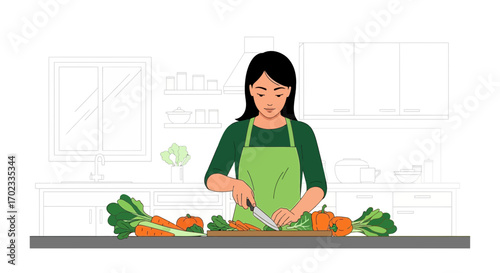 Woman Preparing Fresh Vegetables in a Bright Kitchen Setting for Culinary Creation