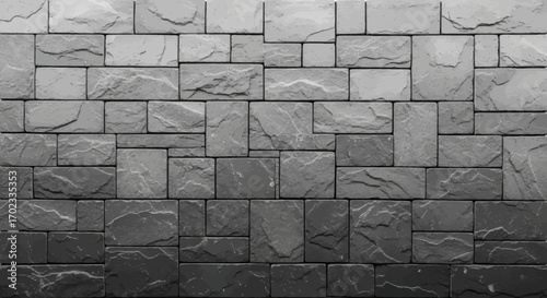 A textured wall composed of various gray rectangular and square stone tiles, displaying a subtle gradient from light to dark.