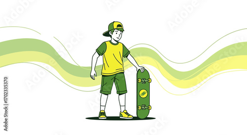 Vector illustration of a boy with a skateboard in green and yellow gradient style