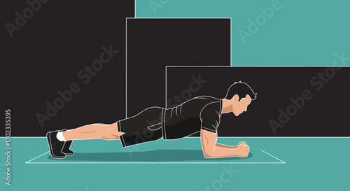 Vector illustration of a fit man doing the plank exercise with a stylish background