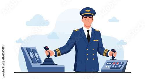 Vector illustration of a pilot in uniform controlling the aircraft in the cockpit