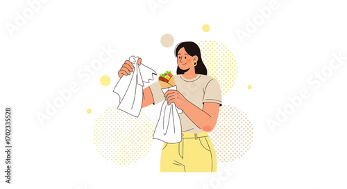 Woman Preparing To Consume a Delicious Wrap with a Clean Napkin, Casual Lifestyle