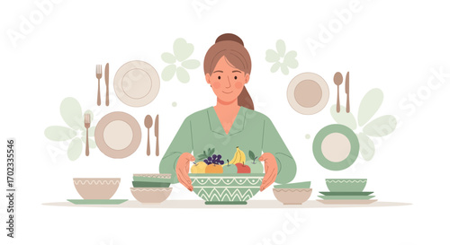 Woman Presenting a Bowl of Fruits with Tableware Arranged in a Healthy Meal Setting