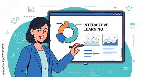 Woman presenting interactive learning on a digital display with data visualization concepts