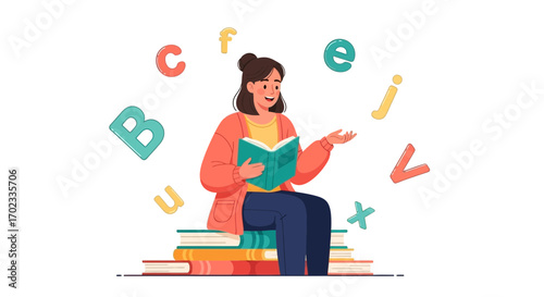 Woman Reading a Book Surrounded by Alphabet Symbols Illustrating Education