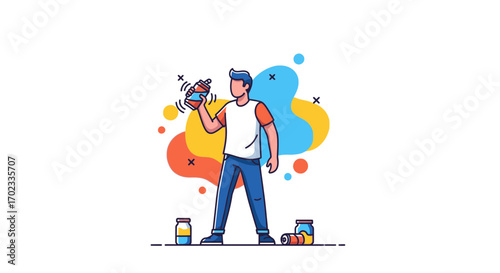 Vibrant Illustration Of A Person Shaking A Bottle With Colorful Background