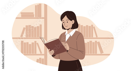 Woman Reading a Book in a Library, Education and Learning Concept Flat Illustration