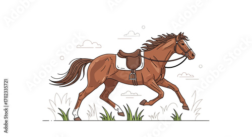 Vibrant Illustration Of A Running Horse Adorned With Saddle And Bridle On Clean Backdrop