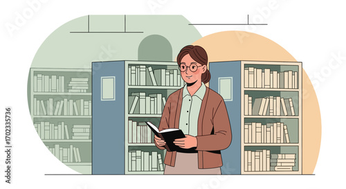 Woman Reading Book Amongst Bookshelves, Classic and Elegant Literary Illustration.