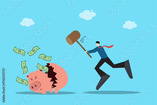 Vector of businessman breaking piggy bank with hammer representing money spending, savings, financial decision making, and personal money management.