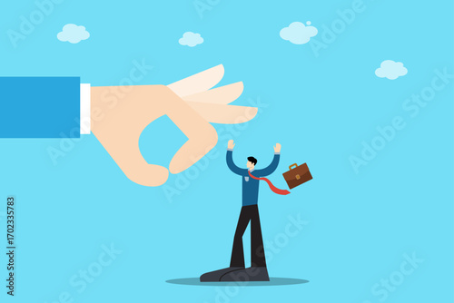 Vector of businessman being pushed away by giant hand symbolizing career risk, dismissal, business uncertainty, workplace challenge, and job loss.