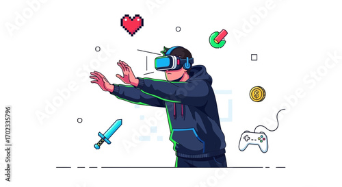 Virtual Reality Gaming Experience Depicted With Graphic Accents And Controller Icon