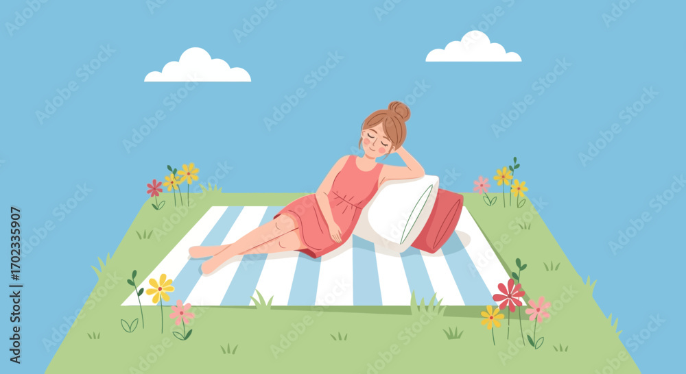 Fototapeta premium Woman relaxing in nature enjoying a beautiful day with flowers and sky in the background