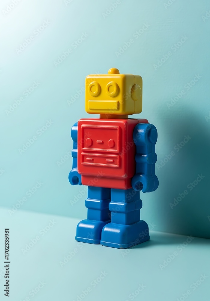 Fototapeta premium Playful toy robot figure casting a shadow on a blue gradient backdrop