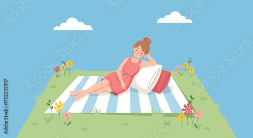 Woman relaxing in nature enjoying a beautiful day with flowers and sky in the background