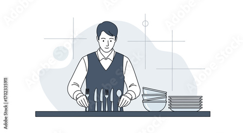 Waiter Carefully Arranging Cutlery and Preparing Tableware For Dinner Service