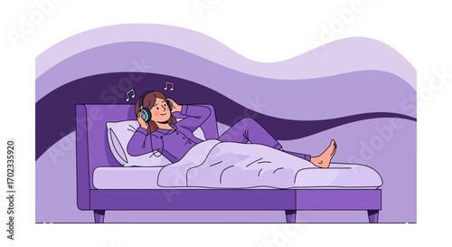 Woman relaxing in bed listening music with headphones enjoying the moment