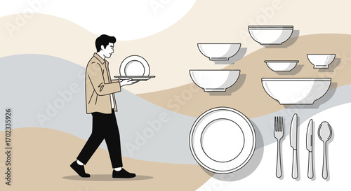 Waiter Delivering Dinnerware, White Bowls, Plates, and Cutlery on an Abstract Background