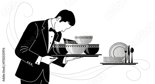 Waiter Elegantly Presenting Dishes and Tableware for a Fine Dining Experience