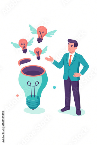 Businessman presenting creative ideas with flying lightbulbs innovation concept for startup venture