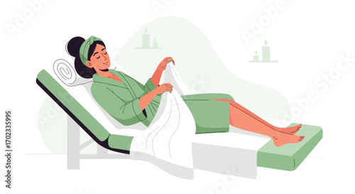 Woman Relaxing On A Spa Bed, Resting, In A Bathrobe, And Feeling Serene