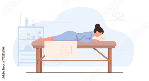 Woman relaxing on massage table at spa or wellness center, vector illustration