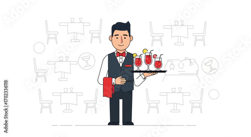 Waiter serving cocktails in a restaurant, vector illustration, minimal flat design