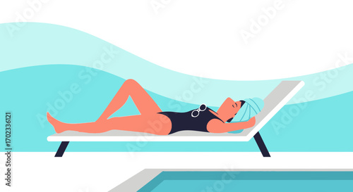 Woman relaxing on lounge chair near the pool enjoying vacation or leisure time