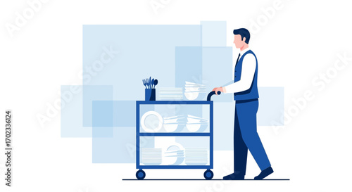 Waiter pushing cart with dishes and silverware in a restaurant setting illustration
