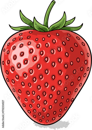 A simple and vibrant cartoon illustration of a single ripe red strawberry, an icon of fresh fruit and healthy eating