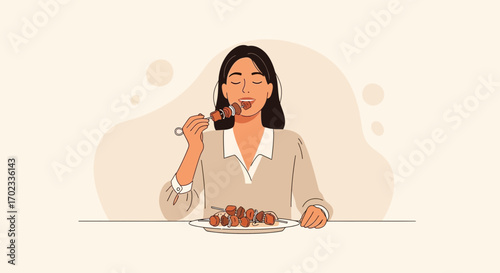 Woman Relishes Gourmet Skewers: A Minimalist Illustration of Culinary Pleasure