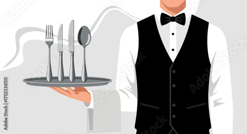 Waiter serving silverware on a tray in a fine dining restaurant setting