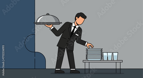Waiter with cloche and plates in a restaurant, dinner serving concept illustration