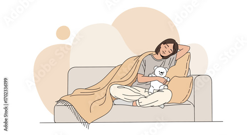 Woman resting on the couch hugging a teddy bear, feeling relaxed and peaceful alone