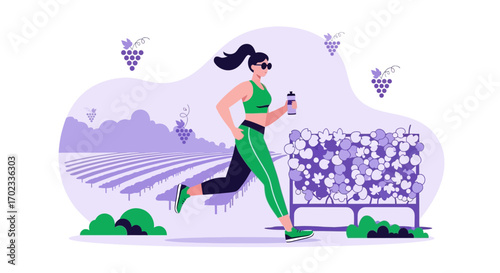 Woman Running in Vineyard with Water Bottle: Healthy Lifestyle and Exercise Concept