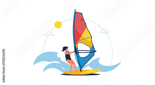 Windsurfing illustration with woman on the water engaged in watersport activities