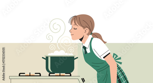 Woman Admiring Steam, Cooking Pot, Kitchen Scene Representing Culinary Joy and Freshness