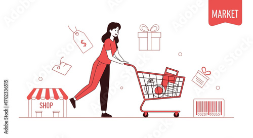 Woman Shopping Pushing a Cart with Gifts and Products in a Red and Black Outline