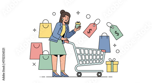 Woman shopping with a cart, shopping bags and gift boxes for a shopping spree event