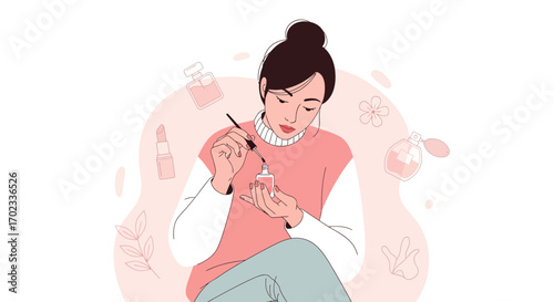 Woman Applying Nail Polish While Surrounded By Beauty Products In Vector Illustration