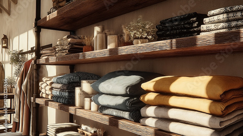 Tranquil linen display on rustic shelves in a naturally lit boutique shop