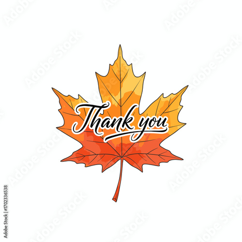 Inscription "thank you" on a beautiful bright autumn leaf, vector illustration SVG