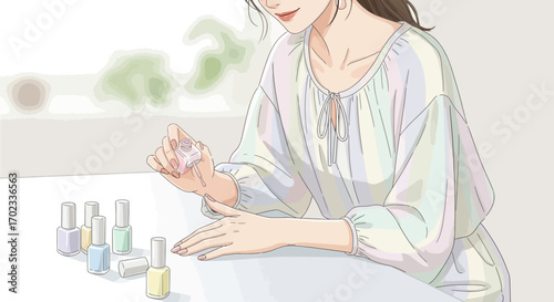 Woman applying nail polish, manicure, beauty and lifestyle illustration or design