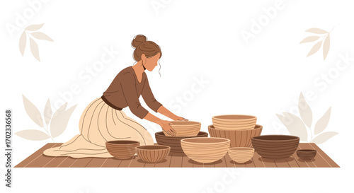 Woman Arranging Ceramic Bowls On Wooden Surface, Illustration of Craftsmanship Scene