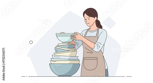 Woman Arranging Clean Dishes After Washing, Everyday Household Vector Illustration