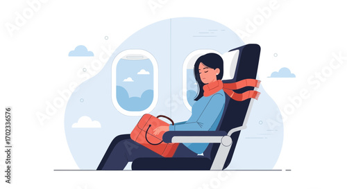 Woman Sleeping Comfortably on Airplane and Ready for Destination Travel with Luggage bag